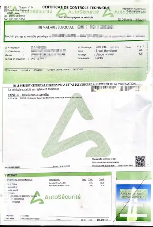 Certificado de inspección técnica belga (Certificat de Contrôle Technique Keuringsbewijs) foto de ejemplo