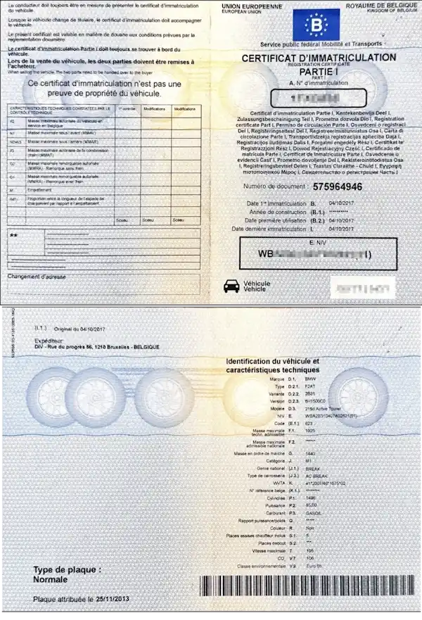 Certificado de matriculación – Parte I (Certificat d'Immatriculation - Partie I Inschrijvingsbewijs - Deel I) foto de ejemplo