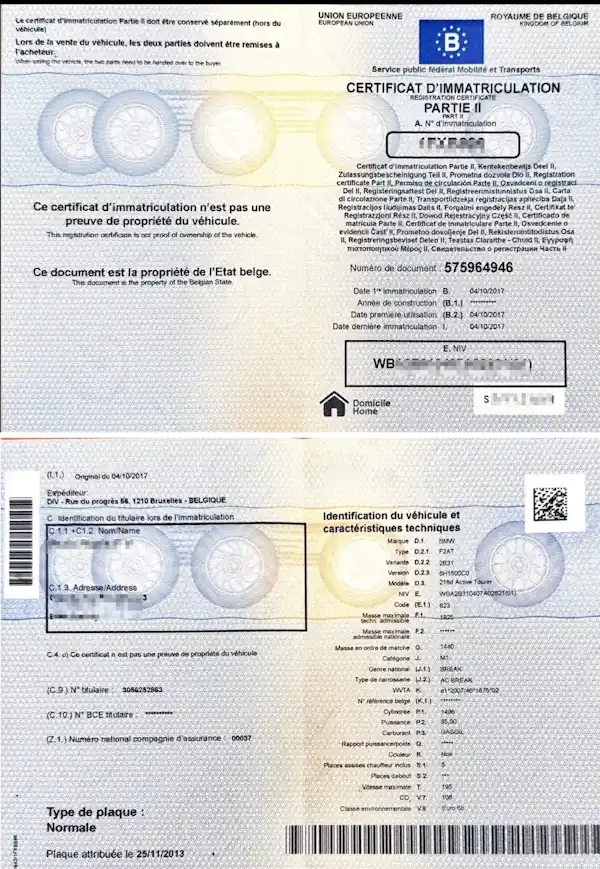 Certificado de matriculación – Parte II (Certificat d'Immatriculation - Partie II Inschrijvingsbewijs - Deel II) foto de ejemplo