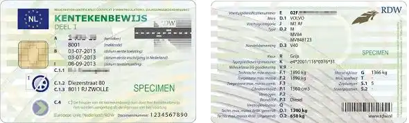 Tarjeta de matriculación neerlandesa o permiso de circulacion holandes (Kentekencard) foto o ejemplo