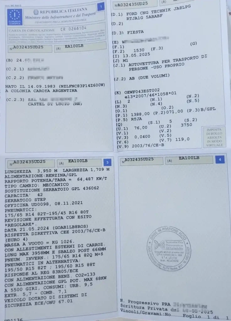 permiso de circulación italiano, ejemplo foto para importadores